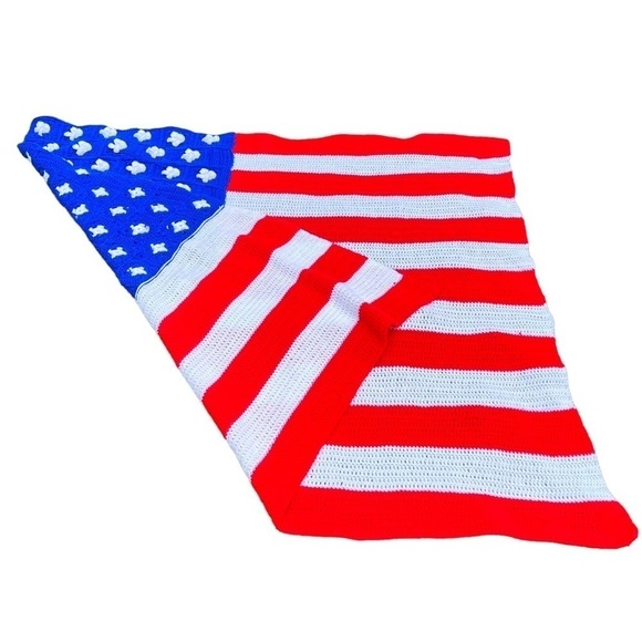 Handmade Crochet American Flag Afghan Patriotic Red White and Blue Huge! USA GUC - Picture 2 of 12
